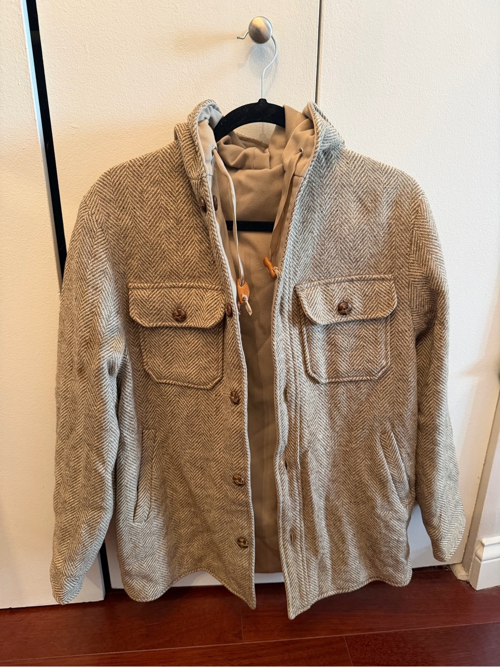 Herringbone Wool Button-Up Jacket with Hoodie - Beige